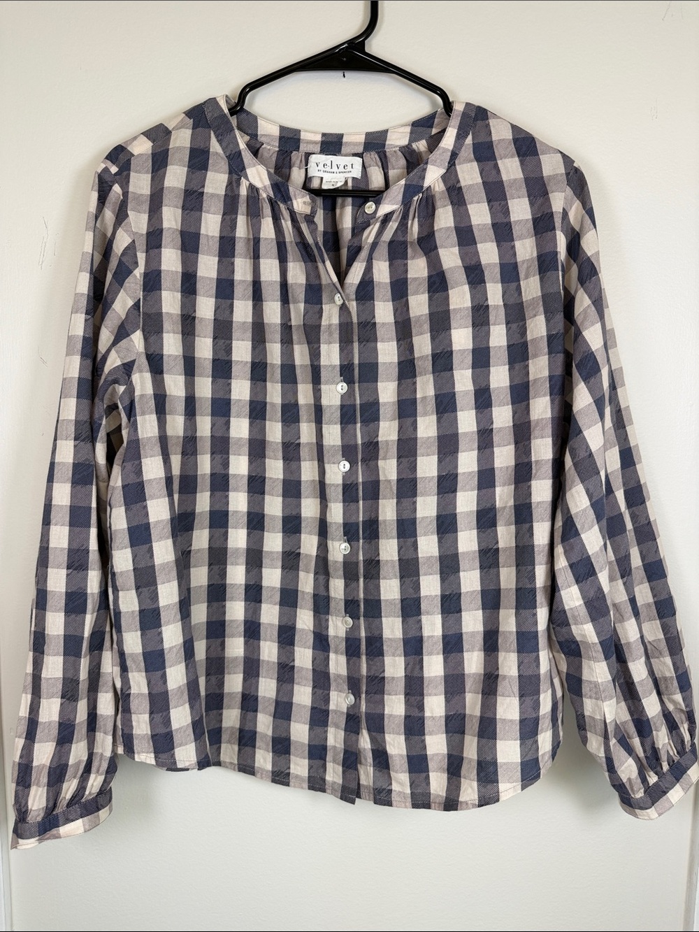 Velvet by Graham & Spencer Blue Gingham Plaid Cotton Button Front Blouse S